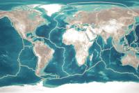Mapa plano de la Tierra que representa las diferentes placas en las que la Tierra está dividida
