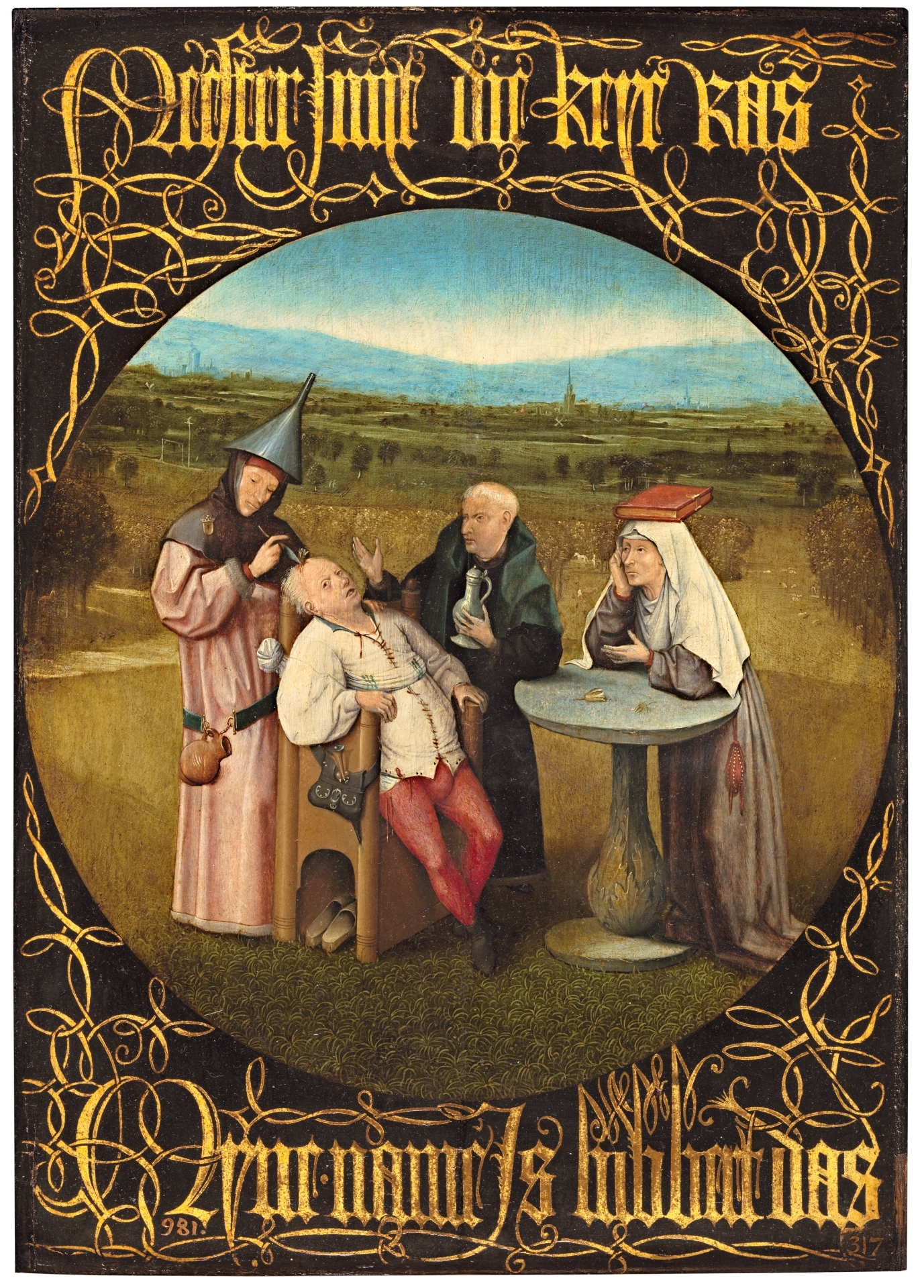 Imagen del cuadro "La extracción de la piedra de la locura" realizado por el pintor neerlandésJheronimus van Aken, conocido como el Bosco. En esta obra se representa la realización de una trepanación. 