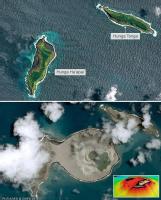 En la imagen apreciamos como tras la erupción del volcán Hunga Tonga se fusionan las antiguas islas por deposito de las cenizas