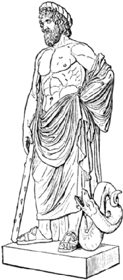 Asclepio (Esculapio en el mundo romano) era, para los griegos, el dios de la medicina y la curación. Fue educado por el centauro Quirón, quien le enseñó todo lo referente a las artes curativas, especialmente lo relativo a plantas medicinales.. Sus atributos se representan con serpientes enrolladas en un bastón.Asclepio alcanzó tal habilidad que podía devolver la vida a los muertos. Zeus, temeroso de que el más allá quedase despoblado, lo mató con un rayo. Asclepio fue llevado a los cielos, convertido en deidad.