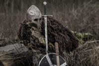Tronco de árbol con armadura y armas vikingas
